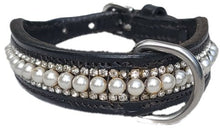 Load image into Gallery viewer, Toy Dog Collar Black Leather with Channel Set Pearl and Clear Crystal - hahaWHATEVER ™️