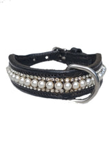 Load image into Gallery viewer, Toy Dog Collar Black Leather with Channel Set Pearl and Clear Crystal - hahaWHATEVER ™️