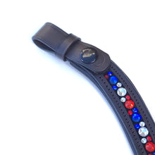 Load image into Gallery viewer, Browband Padded Leather with Ombre Red White Blue Channel Set Crystals Snap On - hahaWHATEVER ™️