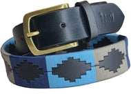 Belt Black Leather Gaucho with Navy Sky Blue and Grey - hahaWHATEVER ™️