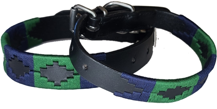 Gaucho Dog Collar Black Leather with Green and Navy