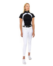 Load image into Gallery viewer, hhW hahaWHATEVER V2 White Show horse riding breeches.  Front zipper pockets with crystal accents.  Back pockets.  Belt loops with added bling in the back.  Comfort and function meet fashion!  Perfect for Dressage, Hunter, Jumper and Eventing.  
