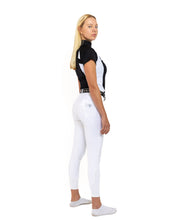 Load image into Gallery viewer, hhW hahaWHATEVER V2 White Show horse riding breeches.  Front zipper pockets with crystal accents.  Back pockets.  Belt loops with added bling in the back.  Comfort and function meet fashion!  Perfect for Dressage, Hunter, Jumper and Eventing.  
