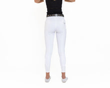 Load image into Gallery viewer, hhW hahaWHATEVER V2 White Show horse riding breeches.  Front zipper pockets with crystal accents.  Back pockets.  Belt loops with added bling in the back.  Comfort and function meet fashion!  Perfect for Dressage, Hunter, Jumper and Eventing.  
