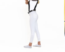 Load image into Gallery viewer, hhW hahaWHATEVER V2 White Show horse riding breeches.  Front zipper pockets with crystal accents.  Back pockets.  Belt loops with added bling in the back.  Comfort and function meet fashion!  Perfect for Dressage, Hunter, Jumper and Eventing.  
