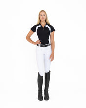 Load image into Gallery viewer, hhW hahaWHATEVER V2 White Show horse riding breeches.  Front zipper pockets with crystal accents.  Back pockets.  Belt loops with added bling in the back.  Comfort and function meet fashion!  Perfect for Dressage, Hunter, Jumper and Eventing.  
