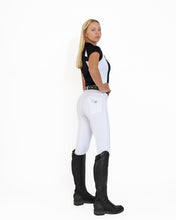 Load image into Gallery viewer, hhW hahaWHATEVER V2 White Show horse riding breeches.  Front zipper pockets with crystal accents.  Back pockets.  Belt loops with added bling in the back.  Comfort and function meet fashion!  Perfect for Dressage, Hunter, Jumper and Eventing.  
