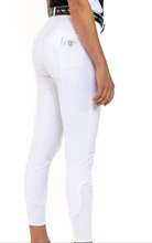 Load image into Gallery viewer, hhW hahaWHATEVER V2 White Show horse riding breeches.  Front zipper pockets with crystal accents.  Back pockets.  Belt loops with added bling in the back.  Comfort and function meet fashion!  Perfect for Dressage, Hunter, Jumper and Eventing.  
