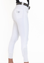 Load image into Gallery viewer, hhW hahaWHATEVER V2 White Show horse riding breeches.  Front zipper pockets with crystal accents.  Back pockets.  Belt loops with added bling in the back.  Comfort and function meet fashion!  Perfect for Dressage, Hunter, Jumper and Eventing.  
