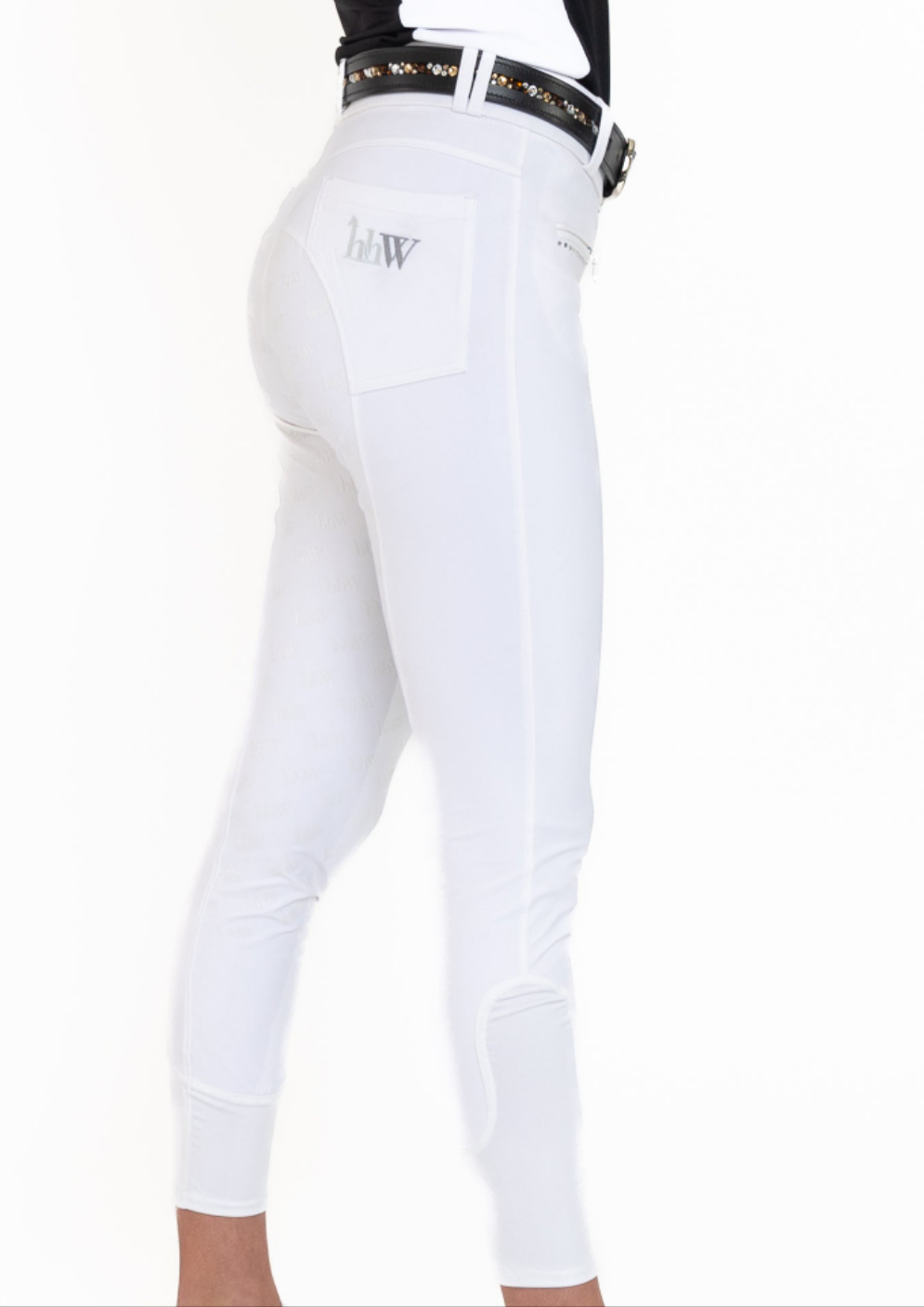 hhW hahaWHATEVER V2 White Show horse riding breeches.  Front zipper pockets with crystal accents.  Back pockets.  Belt loops with added bling in the back.  Comfort and function meet fashion!  Perfect for Dressage, Hunter, Jumper and Eventing.  