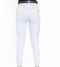 Load image into Gallery viewer, hhW hahaWHATEVER V2 White Show horse riding breeches.  Front zipper pockets with crystal accents.  Back pockets.  Belt loops with added bling in the back.  Comfort and function meet fashion!  Perfect for Dressage, Hunter, Jumper and Eventing.  
