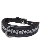 Toy Dog Collar Black Leather with Clear Crystal and Center Ring