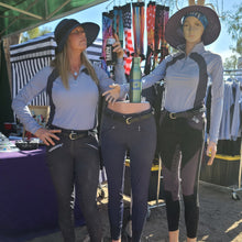 Load image into Gallery viewer, hhW Equestrian Long Sleeve Athletic Leisure Sun Shirt Comfort and cool Nylon 74% Spandex 26%  Vented under arms to keep the air moving Grey accent to flatter Lightweight fabric 160g
