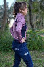 Load image into Gallery viewer, hhW Equestrian Athletic long sleeve sun shirt.  Lightweight technical fabric cools when wet.  Cooling vents along inside or arm and along shoulder tops.  Sliming mauve with navy sillouette to flatter your figure figure.
