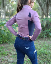 Load image into Gallery viewer, hhW Equestrian Athletic long sleeve sun shirt.  Lightweight technical fabric cools when wet.  Cooling vents along inside or arm and along shoulder tops.  Sliming mauve with navy sillouette to flatter your figure figure.
