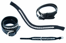 Load image into Gallery viewer, Black Leather with Stellux Crystal Channels.  Designed for both Elegance and Durability.  Perfect for Dressage, Show Jumping, 3-Day Eventing and even casual wear!  Check out the matching Browband, Spur Straps and even Dog/Cat Collars for that extra touch of bling.
