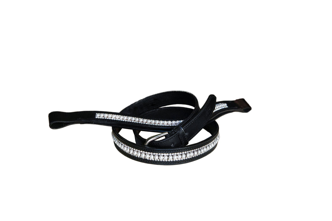Black Leather with Crystal and Pearl Inlay Belt