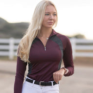 new burgundy and grey with all aspects of the original hhW magic sun shirt:  Comfort and cool Nylon 74% Spandex 26% Vented under arms to keep the air moving Grey accent to flatter Lightweight fabric 160g PLUS...  Grey accent stretches around to silhouette your back side to further figure flatter! Added vent near shoulder to improve air flow and keep you even cooler!