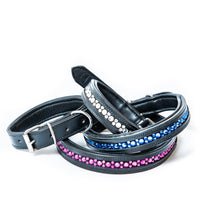 Load image into Gallery viewer, Crystal Leather Dog Collars.  Channel set crystals to stay put and avoid any scratching along with light padding make this dog collar a hhW customer favorite.  Available in clear, blue or pink stellux crystal.  Also available are matching belt, brow band and spur strap options for Equestrians.
