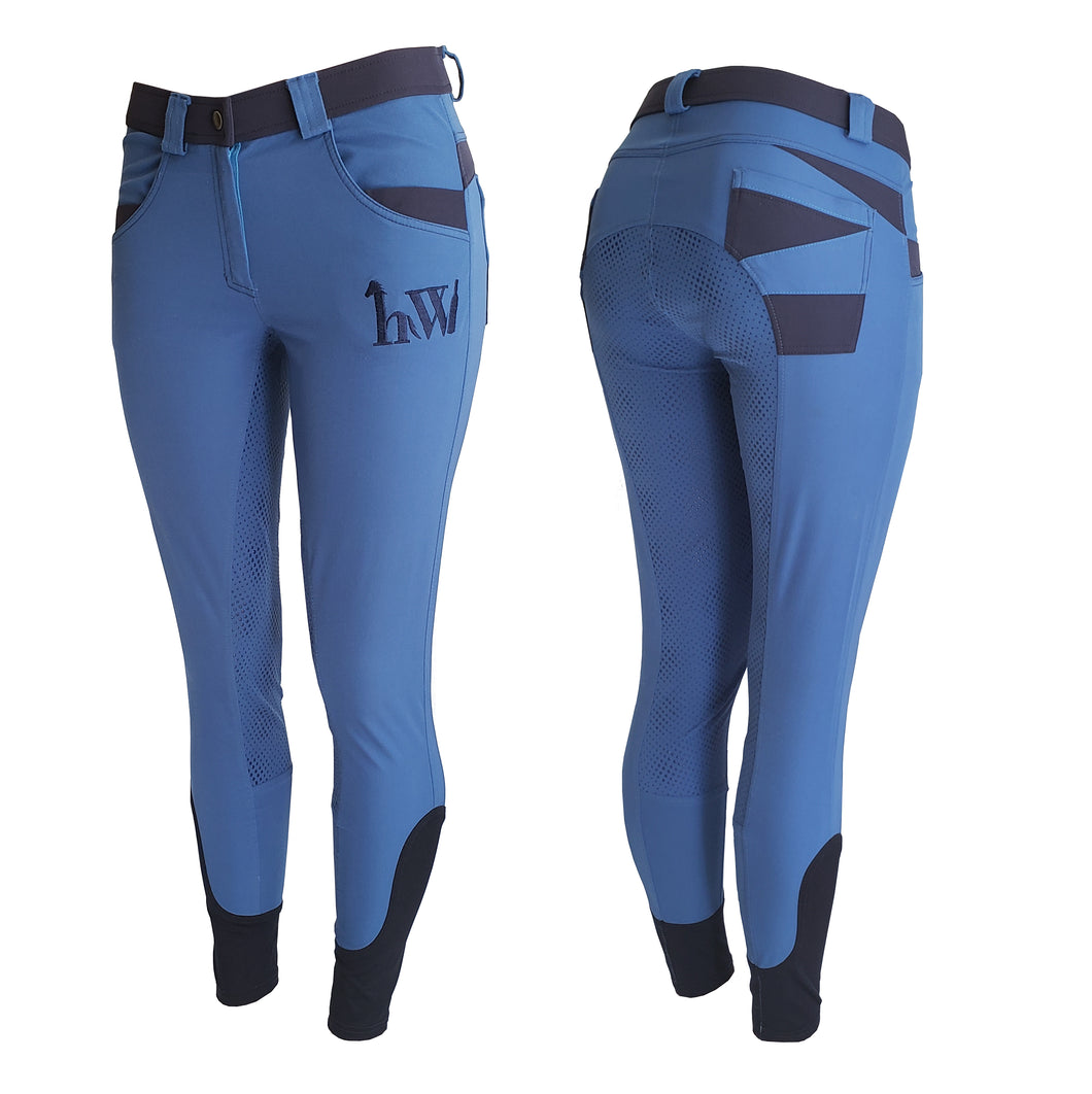 Silicone Full Seat Equestrian hhW Horse Riding Breeches Lightweight Royal Blue Navy Front Back Pockets Zip Up with Slide Button Closure Schooling Show Jumping 3-Day Eventing One Of A Kind Boutique