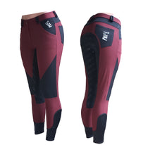 Load image into Gallery viewer, Full Seat Silicone Lightweight hhW Horse Riding Equestrian Breeches Dressage Hunter Jumper 3-Day Eventing Front Pockets Back Pockets Sock Bottom Front Zipper mid-rise trail riding summer weight burgundy wine black unique boutique belt loops comfortable light compression color block panels few of a kind
