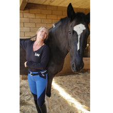 Load image into Gallery viewer, Lightweight Every Day Grip Royal Blue Black Color Block Unique Equestrian Horse Riding Breeches Dressage Show Jumping Hunter 3-Day Eventing Schooling Trail Riding hhW hahawhatever Full Seat Silicone Front Pockets Back Pockets Sock Bottom Zip Up Button Boutique
