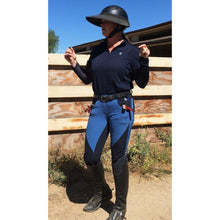 Load image into Gallery viewer, Lightweight Every Day Grip Royal Blue Black Color Block Unique Equestrian Horse Riding Breeches Dressage Show Jumping Hunter 3-Day Eventing Schooling Trail Riding hhW hahawhatever Full Seat Silicone Front Pockets Back Pockets Sock Bottom Zip Up Button Boutique English Plus Size Rider
