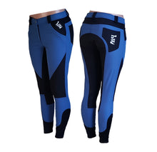 Load image into Gallery viewer, Lightweight Every Day Grip Royal Blue Black Color Block Unique Equestrian Horse Riding Breeches Dressage Show Jumping Hunter 3-Day Eventing Schooling Trail Riding hhW hahawhatever Full Seat Silicone Front Pockets Back Pockets Sock Bottom Zip Up Button Boutique English Plus Sized Rider
